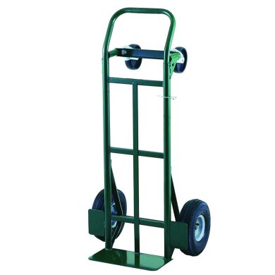 Green hand truck with two solid wheels and curved handle, upright position.