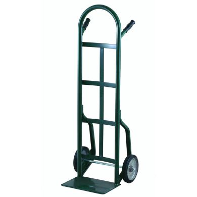 Green hand truck with curved handle and two solid wheels, upright position.