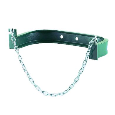 Material handling accessory with curved frame and attached chain.