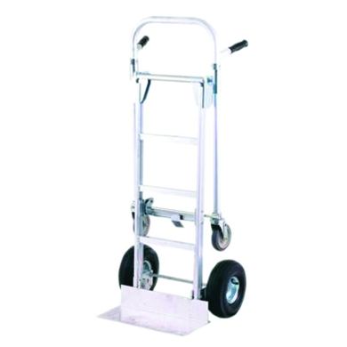 Aluminum hand truck with solid wheels and curved handle, upright position.