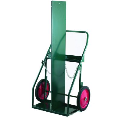 Green hand truck with pink wheels and loop handle, featuring a tall metal frame and chain.
