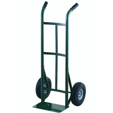 Hand truck with green metal frame, solid wheels, and flat nose plate.