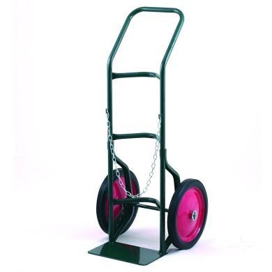 Green hand truck with pink wheels and chain attachment, showing flat base plate.
