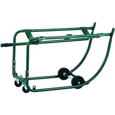 Green material handling dolly with curved frame and solid wheels.