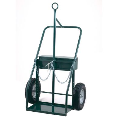 Green hand truck with chains, solid wheels, and a metal frame.