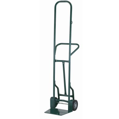 Green hand truck featuring a tall frame and solid wheels for easy transport.