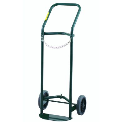 Heavy-duty hand truck with a curved handle, chain support, and solid wheels.