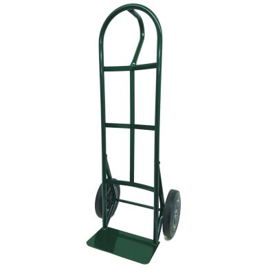Green hand truck with curved handle and two solid wheels, positioned upright.