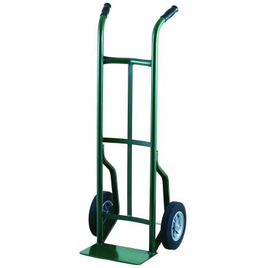 Green hand truck with two solid wheels and curved handle, shown upright.