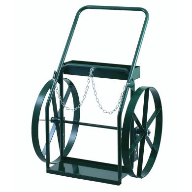 Hand truck featuring two large wheels, chain attachment, and a curved handle.