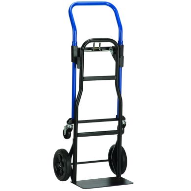 Hand truck with blue handle, solid wheels, and metal frame, shown upright.